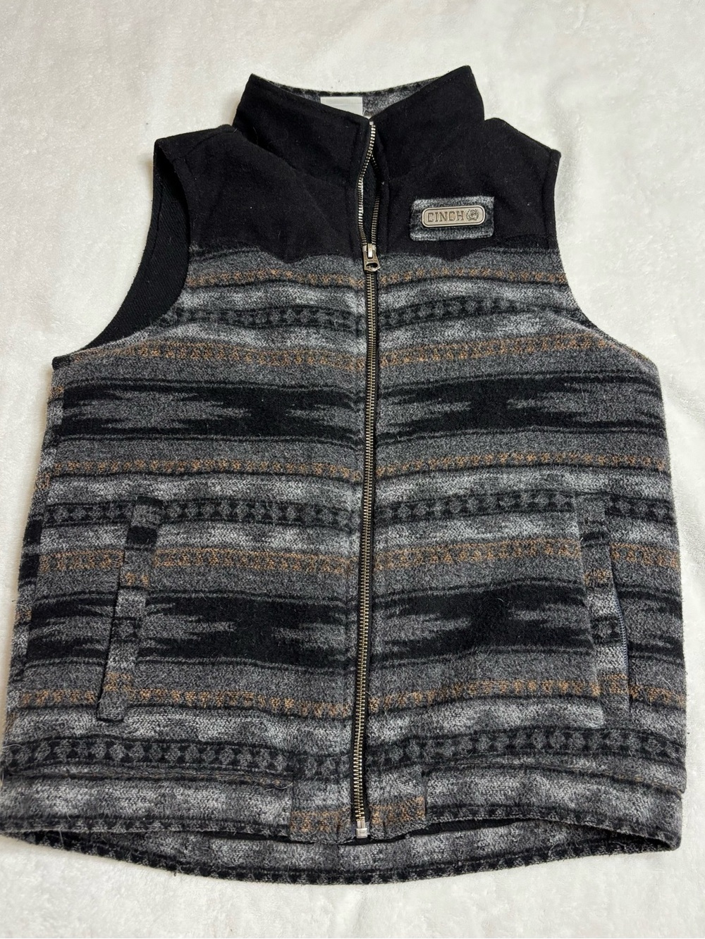 Cinch Boy’s  Black & Gray Patterned Zip-Up Fleece Vest with Brown Accents